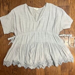 Light Blue Tiered Peasant Tunic Top Lace Trim Short Sleeve V Neck Boho Casual